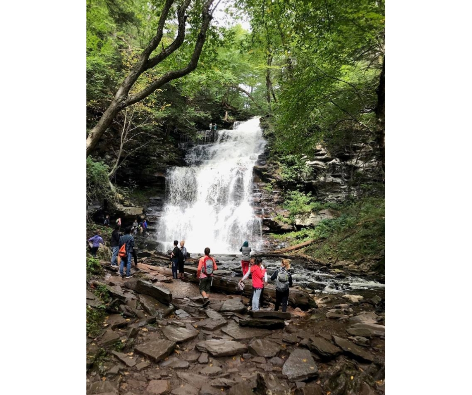 A group of students walking around a white waterfall in the forest. They're walking across stones to get a closer look.