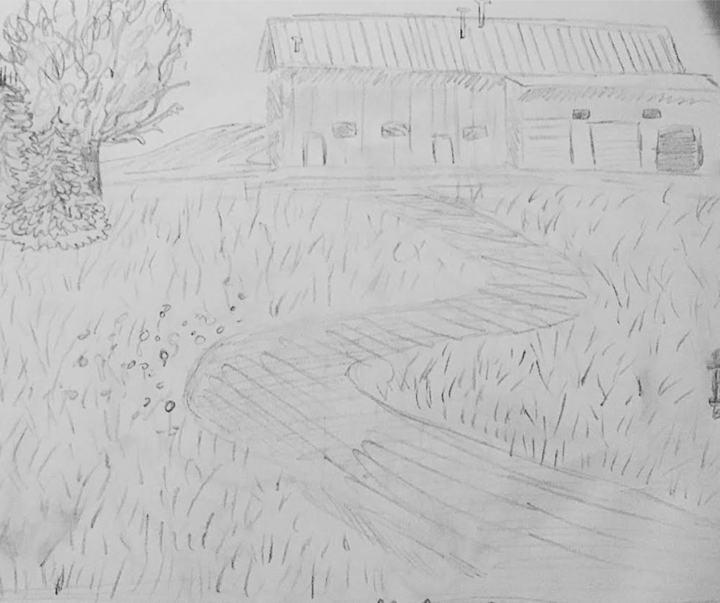 A sketch drawn lightly in pencil. It shows a house, a road, and some trees in the distance. 