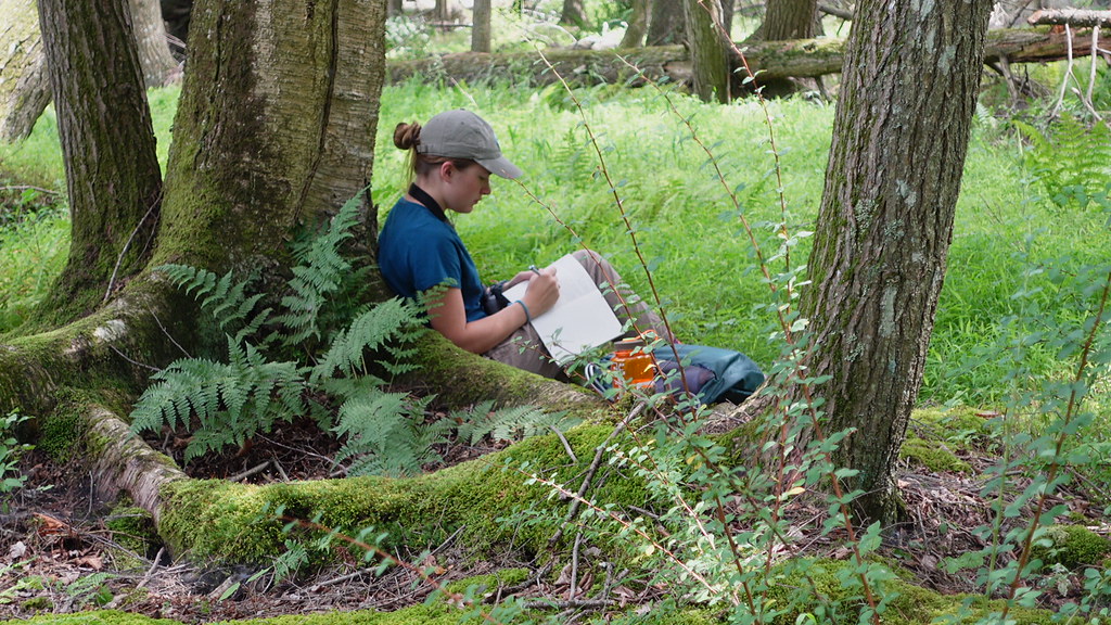 Lily sitting against a large tree while writing in her nature journal