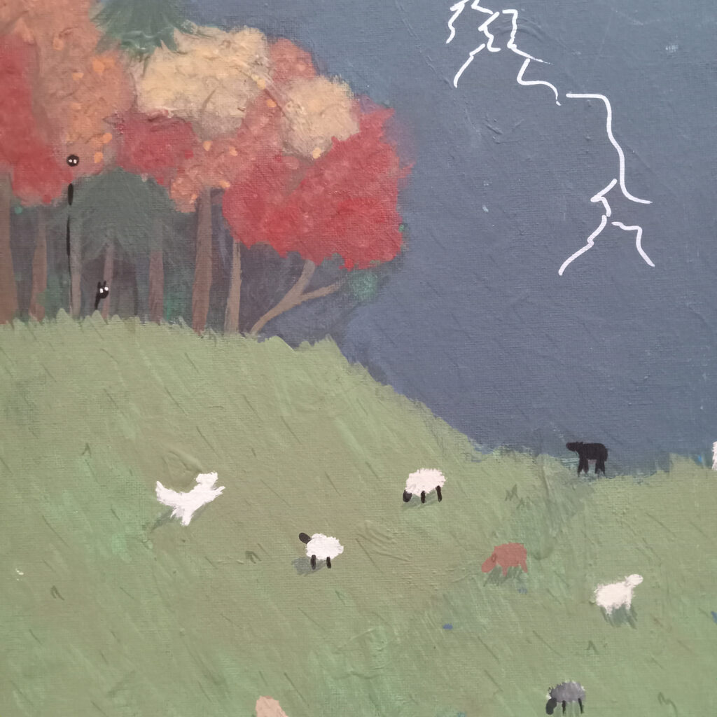 Painting of a dog protecting sheep in a field
