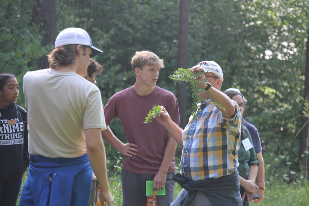 Botany instructor holding up a plant for students to view